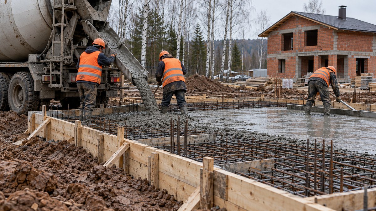 Бетонные работы на участке: приём бетона из миксера в опалубку с арматурой