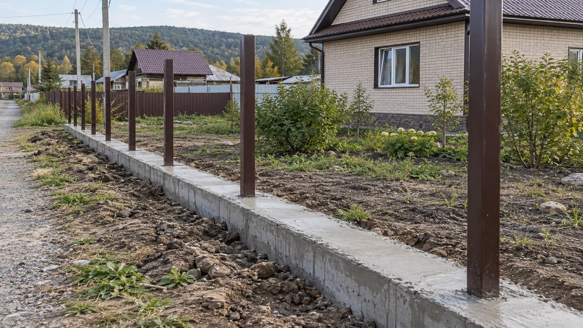 Ленточный фундамент под забор из профнастила, бетон залит между столбами по периметру участка