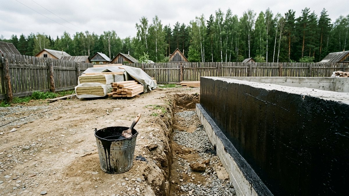 Обмазочная гидроизоляция на боковой грани фундамента