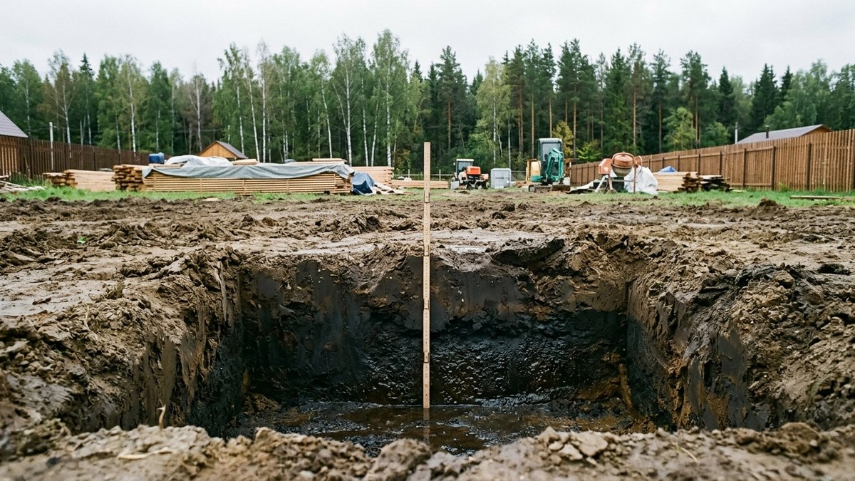 Слабый водонасыщенный грунт в шурфе на участке