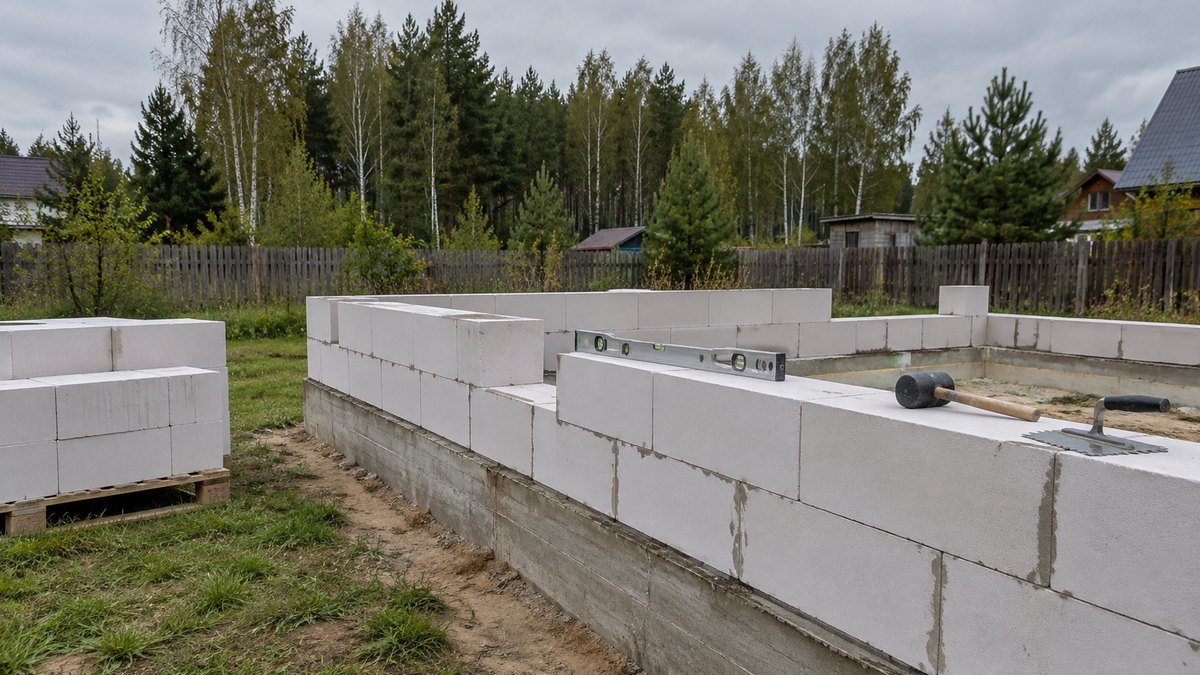 Первые ряды белых газобетонных блоков на готовой бетонной ленте фундамента частного дома