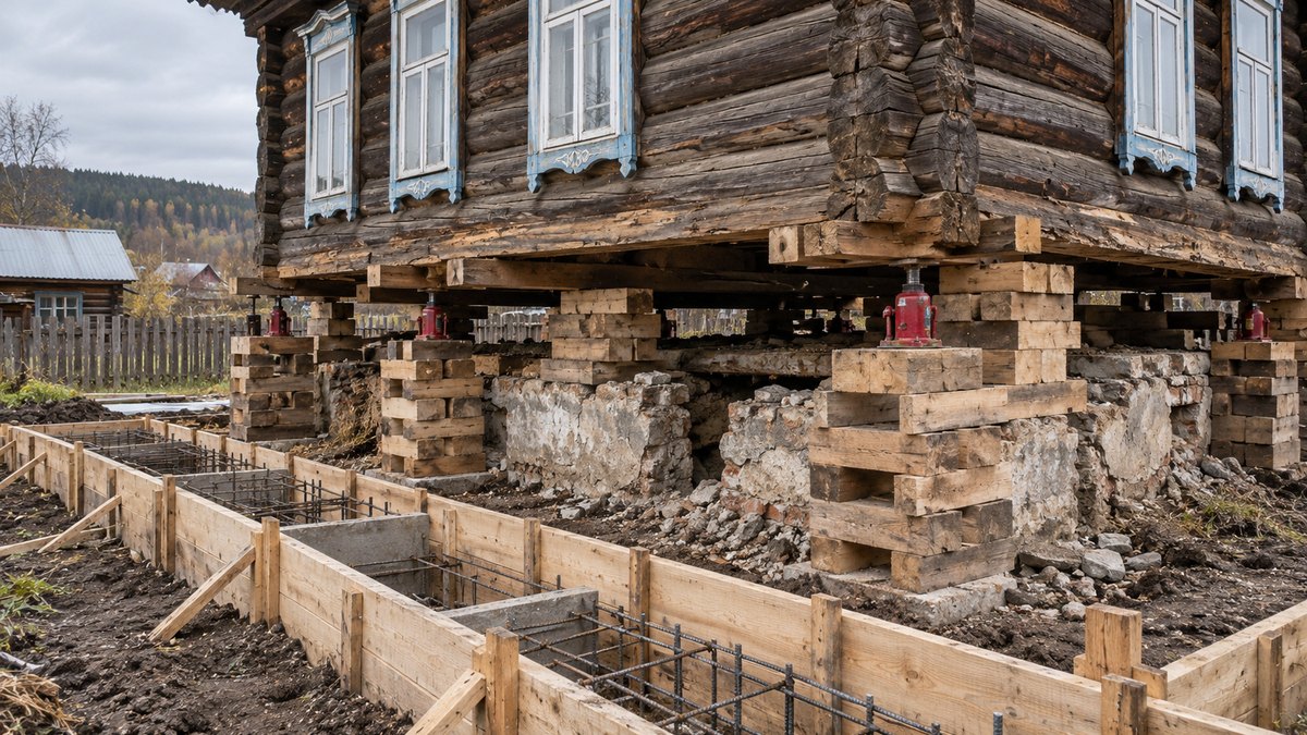 Старый деревянный дом поднят на домкратах и клетках из бруса, под ним меняют фундамент
