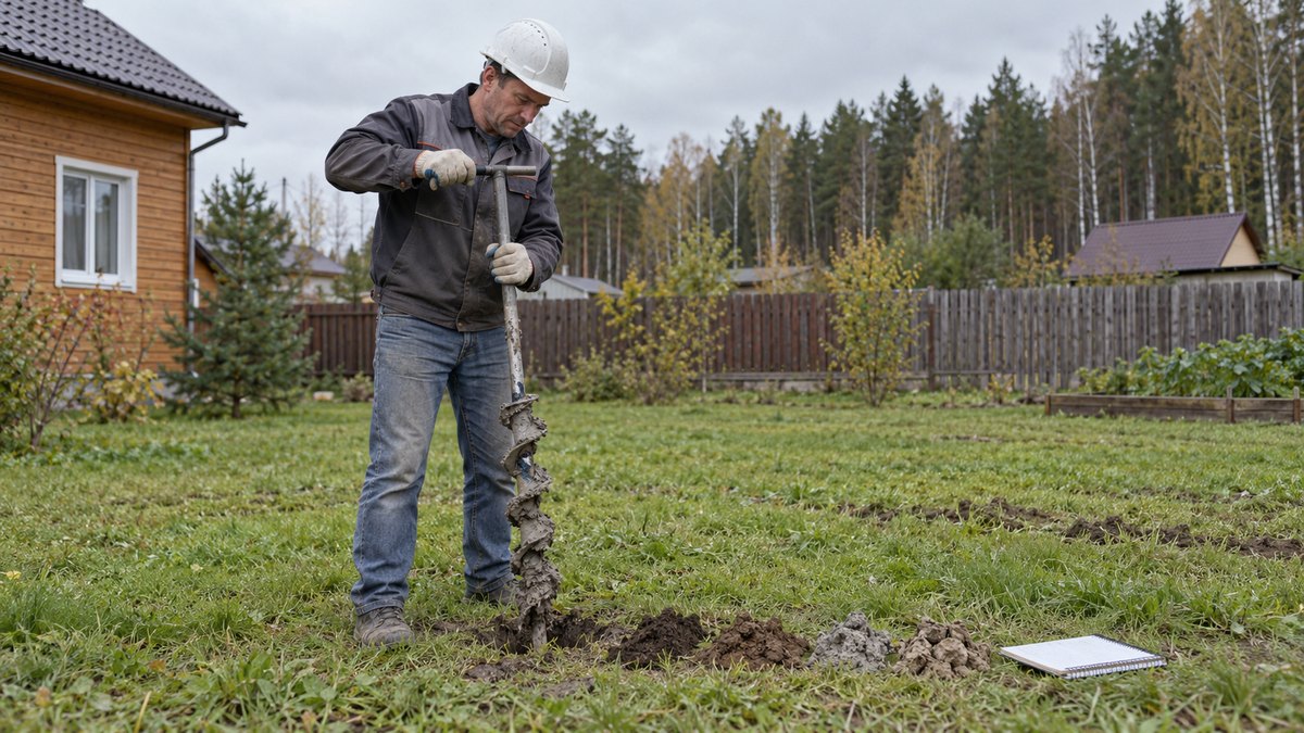 Строитель вынимает ручной бур из пробной скважины на участке, на лопастях бура мокрая серая глина