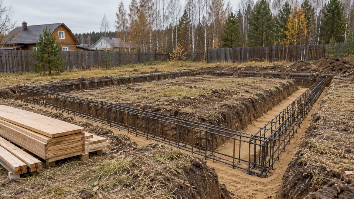 Траншея ленточного фундамента с готовым арматурным каркасом на участке под Екатеринбургом